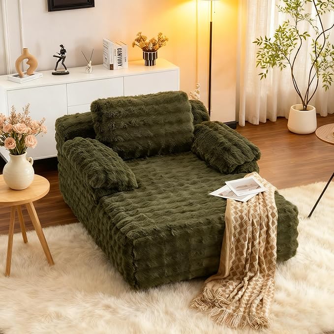 VINGLI 67.7" Oversized Chaise Lounge Chair Indoor Reading Chairs Comfy Bubble Fleece Upholstered Boneless Sofa Bed Sleeper Sofa Cloud Couches for Living Room, Bedroom, Play Room (Green)
