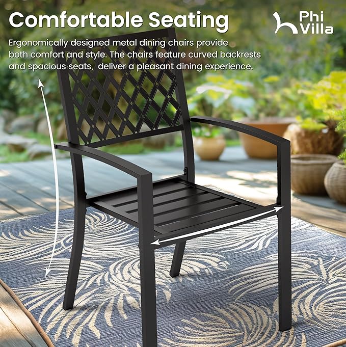 PHI VILLA 7 Pieces Outdoor Dining Set for 6, 65” Wood-Like Steel Table with Umbrella Hole & Fixed/Swivel Chairs Combo with Cushions, Modern Wrought Iron Furniture for Patio, Deck, Yard, Porch