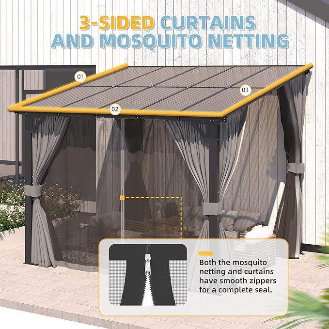 AECOJOY 10' X 8' Gazebo for Patio, Small Wall-Mounted Lean to Gazebo Pergola with Curtains and Netting, 8x10 Hard Top Pergolas and Gazebos on Clearance for Lawn Backyard Garden Deck