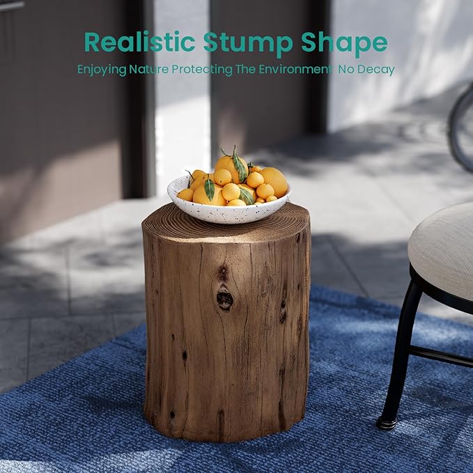 SUNBURY Outdoor Side Table Set of 2, Tree Stump Side Table Light Oak Colored Faux Wood, Wood Stump Stool, Ottoman or Plant Stand, Deck or Garden