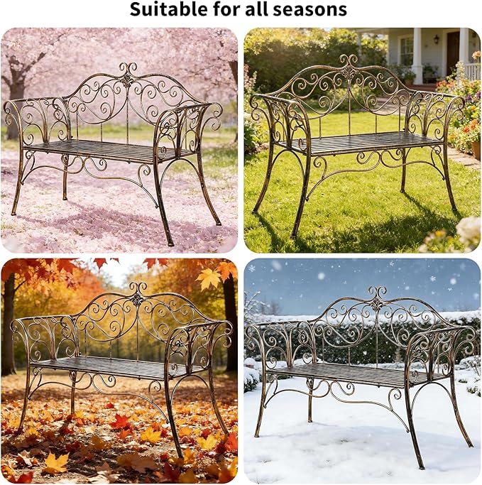 HLC Garden Bench Metal Outdoor Benchs for Front Porch Patio Park Yard 2 Seats Bench with Backrest and Armrests (Antique Bronze)