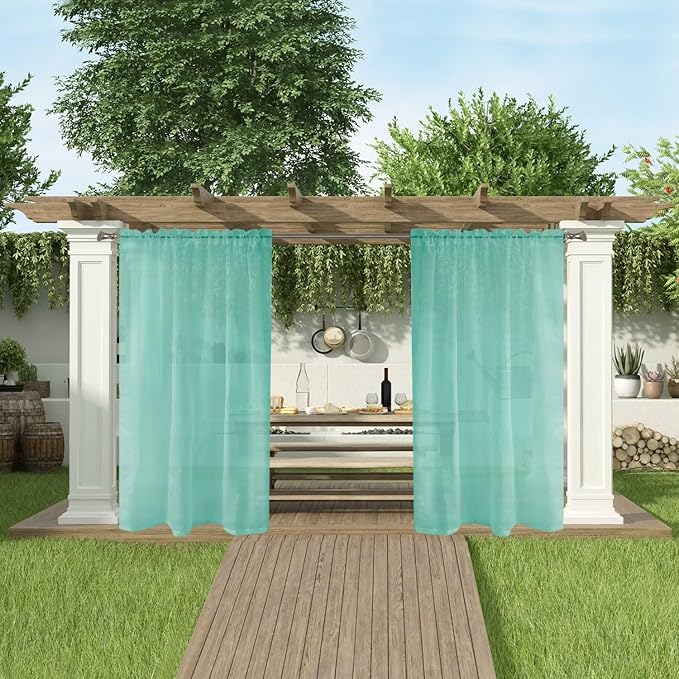 SpaceDresser Waterproof Outdoor Sheer Curtains for Patio - 4 Panels Rod Pocket Indoor Voile Sheer Curtain for Living Room,52W x 96L inch, Turquoise