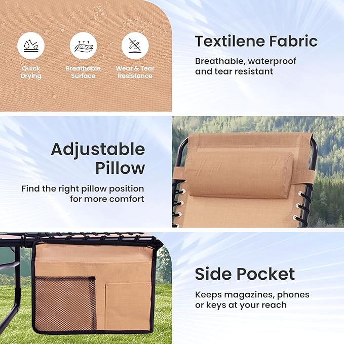 Folding Chaise Lounge Chair 2 Pack - 400lb Capacity, 5-Position Adjustable Recliner with Pillow | Portable for Patio, Pool, Camping & Sunbathing (Beige)