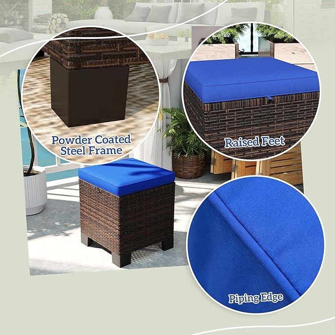 Outsunny 2 Pieces Outdoor Patio Ottomans, All Weather Wicker Outdoor Footstools with Removable Cushions, 3-in-1 PE Rattan Ottoman Seat, Footrest and Side Table for Backyard, Poolside, Dark Blue