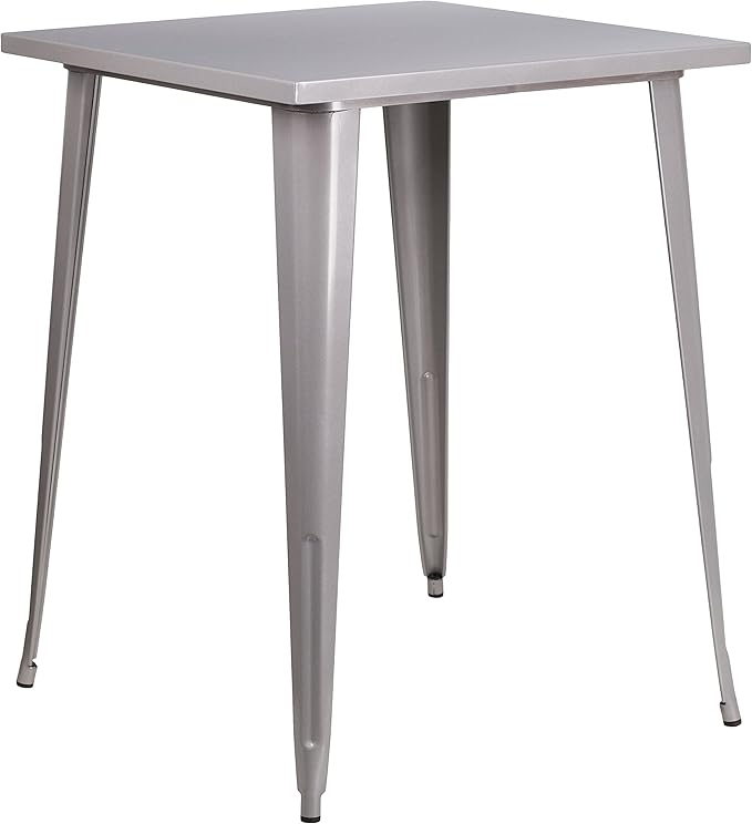 EMMA + OLIVER Commercial Grade 31.5" Square Silver Metal Indoor-Outdoor Bar Height Table