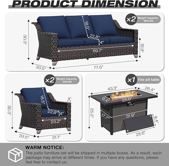 Joyside Wicker Patio Furniture Sets, 5 Pieces Upgraded Large Size Outdoor Furniture with Patio Dining Chair, Two 3-Seat Sofa, Fire Table,Thick Cushions, Wide Armrest, Blue