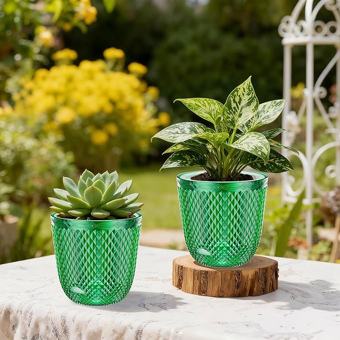 QCQHDU 2 Pack Self Watering Pots, 5.7 Inch Flower Pots with Drainage Holes and Water Filling Port, Garden Planter for Indoor Outdoor Plants (Emerald)