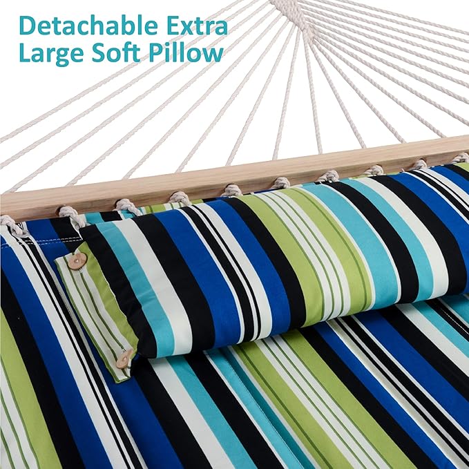 SUNCREAT Hammock with Stand 2 Person Heavy Duty, Freestanding Hammock with Spreader Bar, Soft Pillow, Green Stripes