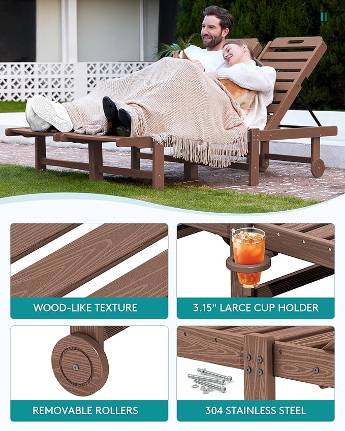 SERWALL Outdoor Chaise Lounge Set of 2, All-Weather HDPE Pool Lounge Chairs with 5-Position Adjustable Reclining Backrest, Rolling Wheels & Cup Holder for Poolside, Brown
