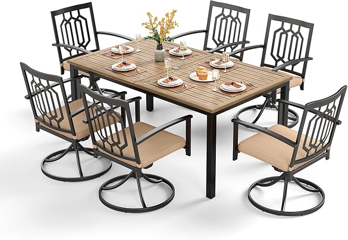PHI VILLA 7 Pieces Outdoor Dining Set for 6, 65" Rectangular Wrought Iron Wood-Like Table with Umbrella Hole & Swivel Metal Steel Chairs, Outside Furniture Set for Patio, Porch, Deck, Backyard
