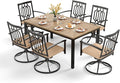 PHI VILLA 7 Pieces Outdoor Dining Set for 6, 65" Rectangular Wrought Iron Wood-Like Table with Umbrella Hole & Swivel Metal Steel Chairs, Outside Furniture Set for Patio, Porch, Deck, Backyard