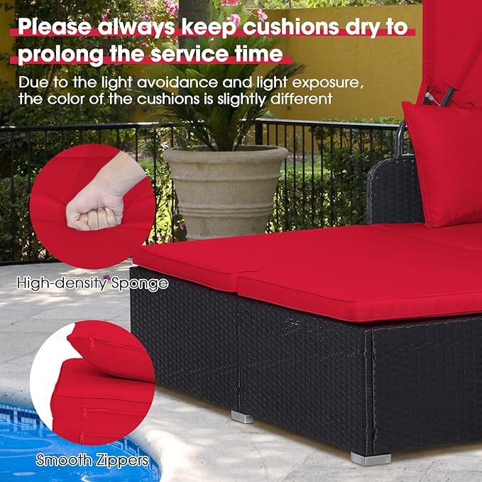 ORALNER Outdoor Daybed, 2-Person Wicker Patio Sofa with Retractable Canopy, Cushions & Pillows, 2 Side Trays, PE Rattan Double Sunbed Lounger for Deck Poolside Backyard Garden Balcony (Red)