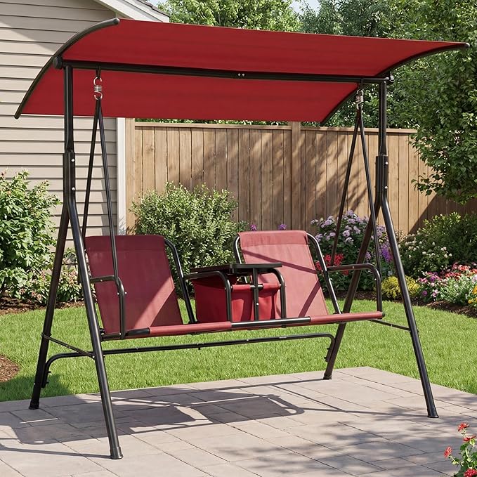 Porch Swing with Cup Holders & Pivot Storage Table & Cooler Bag with Adjustable Canopy for 2 Person Patio Swing for Backyard Balcony Poolside Red