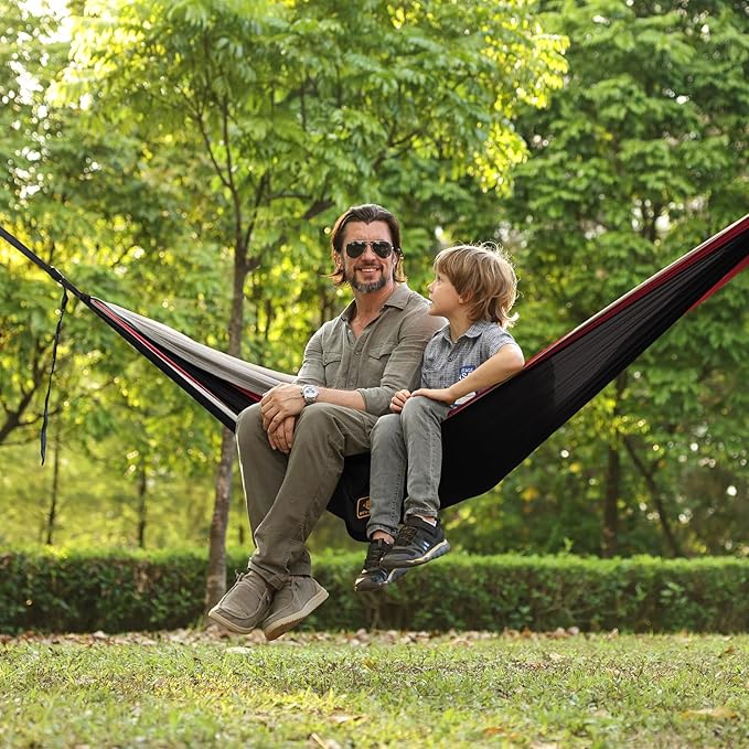 Camping Hammock, Portable Hammocks with Mosquito Net,Lightweight Nylon Parachute Hammock with 10ft Tree Straps,Camping Gear Must Haves for Travel Hiking Backpacking Beach Patio-Black&Red