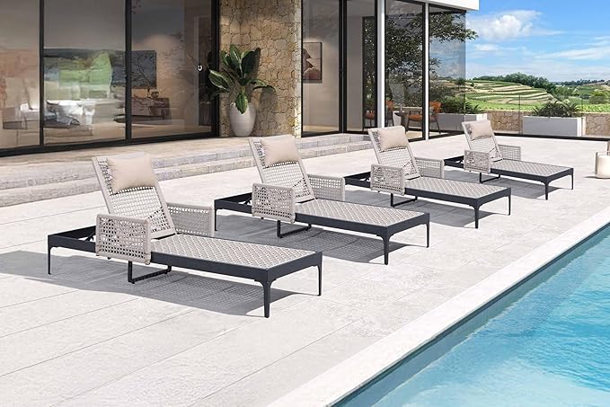 PURPLE LEAF 4 Pieces Outdoor Chaise Lounge Set Rattan Wicker Lounger with Arms Poolside Furniture Adjustable Recliners Patio Lounge Chairs for Beach Yard Garden Balcony, Dark Grey