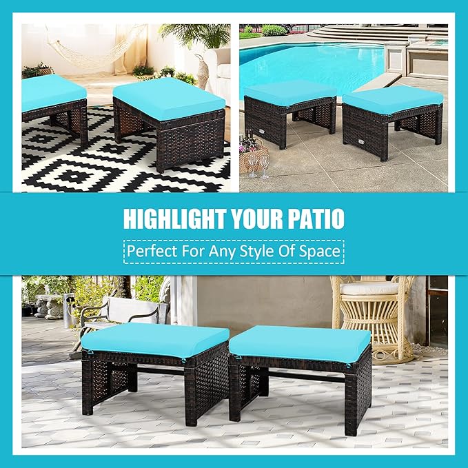 Tangkula 2 Pieces Patio Rattan Ottomans, All Weather Outdoor Footstool Footrest Seat with Soft Cushion, Hidden Zipper, High-Density Sponge, Wicker Ottoman Seat for Patio, Garden, Poolside (Turquoise)