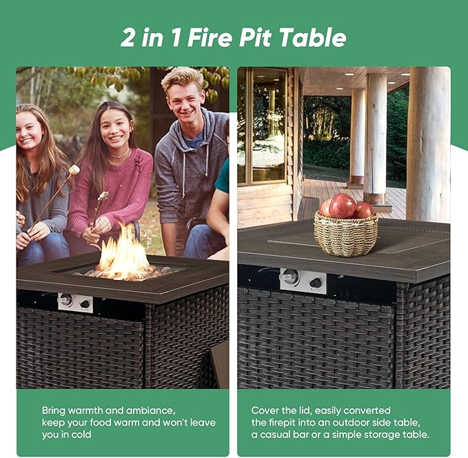 Belord 5 Pieces Wicker Patio Furniture Set: 4 Outdoor Club Chairs Patio Conversation Set with 50000BTU Propane Fire Pit Table, All Weather Grey Rattan Anti-Rust Frame, Brown Cushion