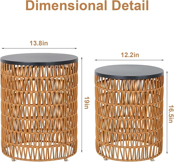 HMVPL Outdoor Side End Table with Dimmable Light Remote Control,2-Pack Small Round Patio Table with Timing Light,Outside Plastic Rattan Accent Bistro Desk for Poolside Backyard Balcony Gazebo Indoor