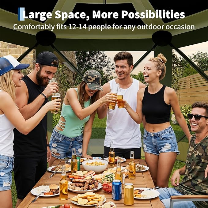 13x13FT 6-Sided Pop Up Gazebo Tent，One-Push Setup Canopy Tent with Removable Canopy Top & Wind Cloths, Outdoor shelter for Camping, Backyard Parties, Outdoor Events - Army Green