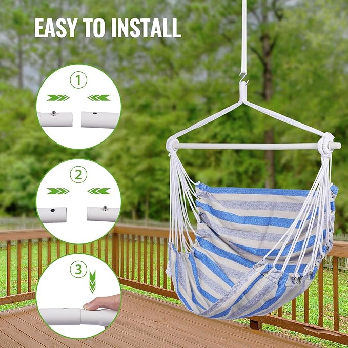 Backyard Expressions Striped Hammock Chair Hanging Rope Swing Chair, Anti Slip Steel Spreader Bar