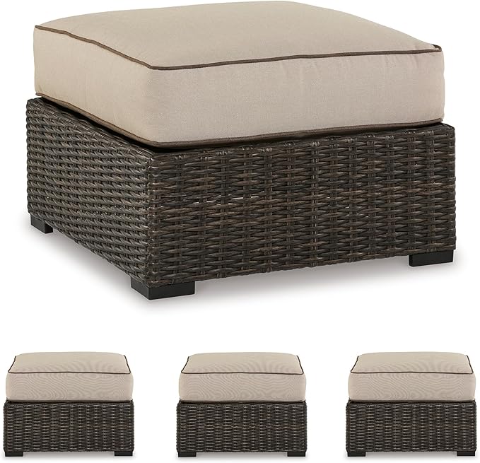 Signature Design by Ashley Coastline Bay Outdoor Patio Nuvella Weather Resistant Fabric, Resin Wicker Ottoman with Cushion, Beige & Dark Brown