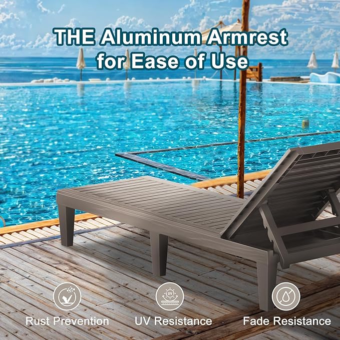 ROJIK Outdoor Chaise Lounge Chair Set of 4,with 5-Position Adjustable Backrest,Waterproof & Lightweight | Durable Indoor/Outdoor Patio Lounger Chair for Garden Pool Beach,Grey