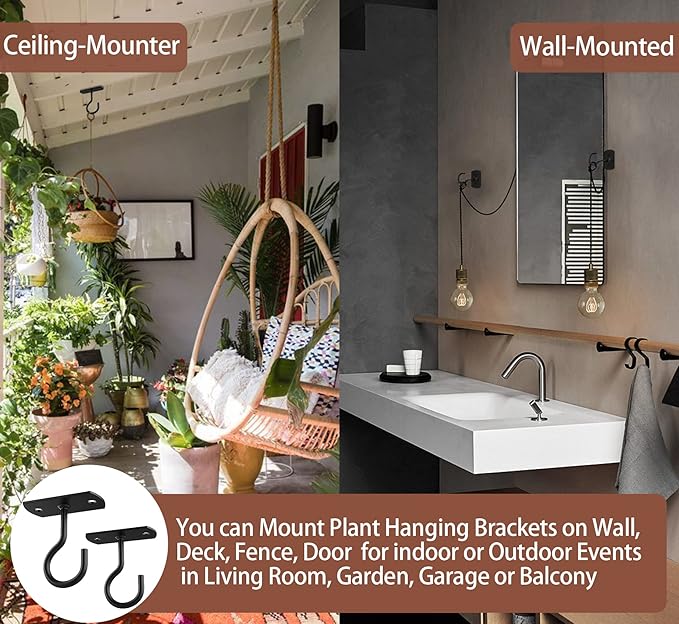 Ceiling Hooks for Hanging Plants 2Pack 2.5in,Wall Plant Hooks for Plants,Lights,Planters,Lanterns,Hanging Bird Feeders,Wind Chimes,Indoor&Outdoor Decoration Black