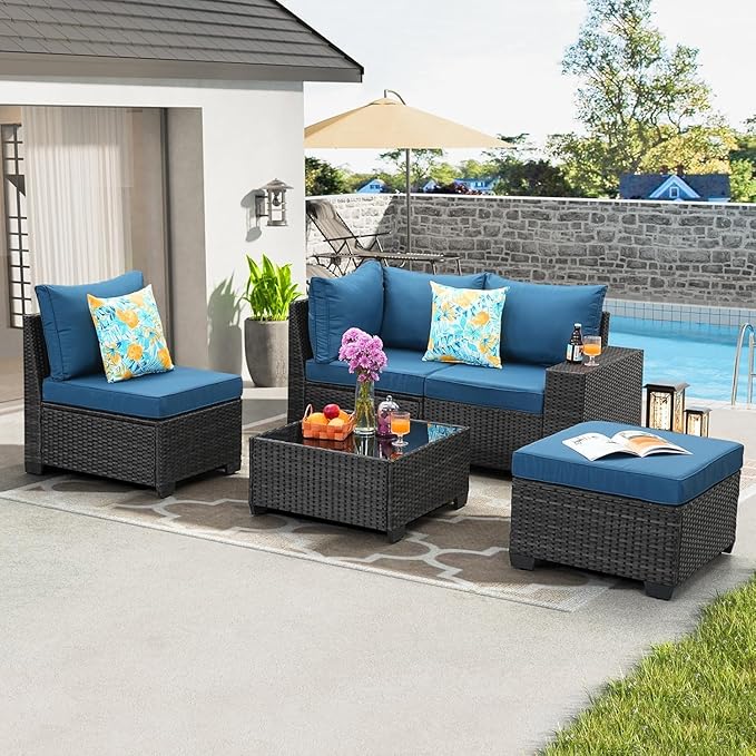 Jing's Villa 5-Piece Patio Furniture Set, All-Weather Outdoor Wicker Sectional Sofa with Cushions, Tempered Glass Table & Ottoman, Rattan Conversation Seating for Porch, Garden, Backyard,Peacock Blue