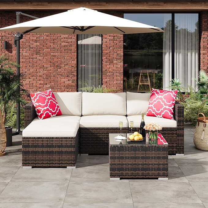 GAOMON 5-Piece All-Weather Patio Furniture Set, Convertible Outdoor Sectional Sofa with Ottoman & Tempered Glass Table, PE Rattan Conversation Set for Garden, Backyard, Porch, Poolside