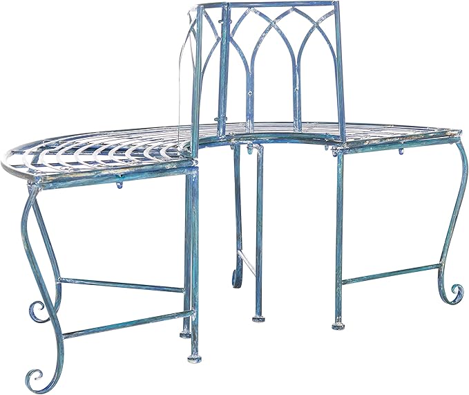 SAFAVIEH Outdoor Furniture Collection – Abia Antique Blue Distressed Wrought Iron 50-Inch Curved Tree Bench, Garden & Patio Seating (PAT5018C)