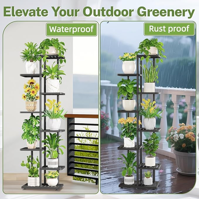 iDavosic.ly Plant Stand Indoor with Grow Light, 7-Tier Tall Metal Flower Shelf for Heavy-Duty Large Planters, Corner Orchid Display Rack for Living Room Balcony Patio Porch, Modern Black