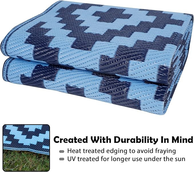 SAND MINE Reversible Mats, Plastic Straw Rug, Modern Area Rug, Large Floor Mat and Rug for Outdoors, RV, Patio, Backyard, Deck, Picnic, Beach, Trailer, Camping, Blue, 5' x 8'