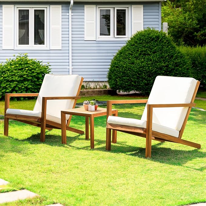 IDZO Natural 3-Piece Patio Bistro Sets with Foldable 400lbs Weight Chairs, a 220lbs Shelf Table, Made from FSC-Certified Acacia Wood, Featuring Washable Cushions and an Ergonomic Design
