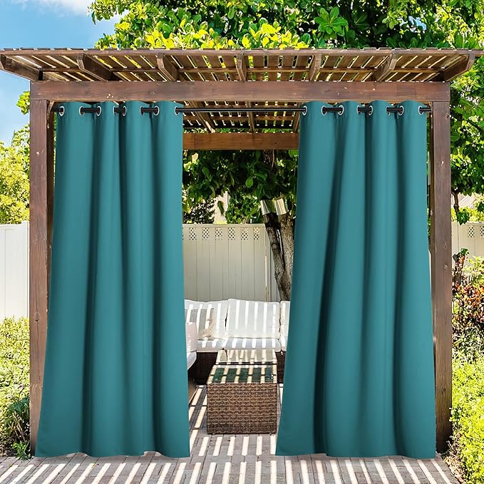 NICETOWN 2 Panels Peacock Teal Outdoor Curtains for Patio Waterproof 108" Long, Triple Weave Rustproof Grommet Thermal Insulated Privacy Room Darkening for Gazebo/Pergola, W52 x L108
