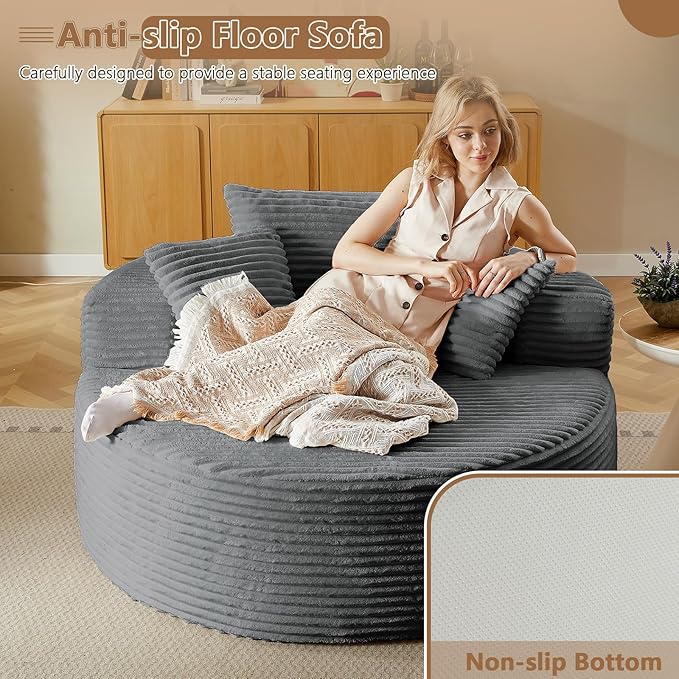 Oversized Round Chair Lounge Chaise Indoor, Upholstered Corduroy Deep Seat Cloud Large Circle Sofa Chair, No Assembly Required, Fluffy Modern Sleeper Sofa Bed for Reading, Living Room, Bedroom, Gray