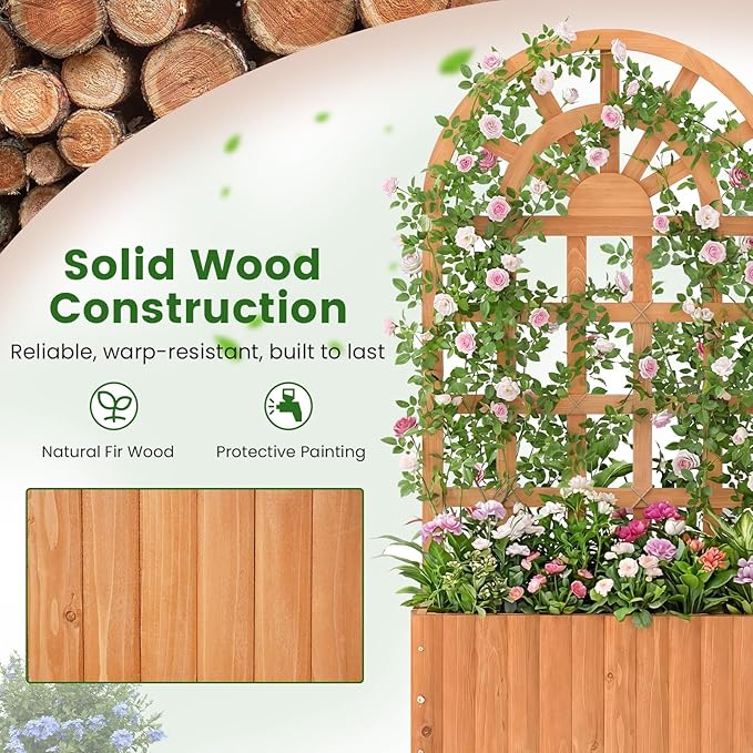 Giantex Wooden Raised Garden Bed with Arched Trellis, 48” Fir Wood Outdoor Elevated Planter Box Privacy Screen with Drainage Holes, Vertical Garden Bed for Climbing Plants, Patio Balcony Backyard