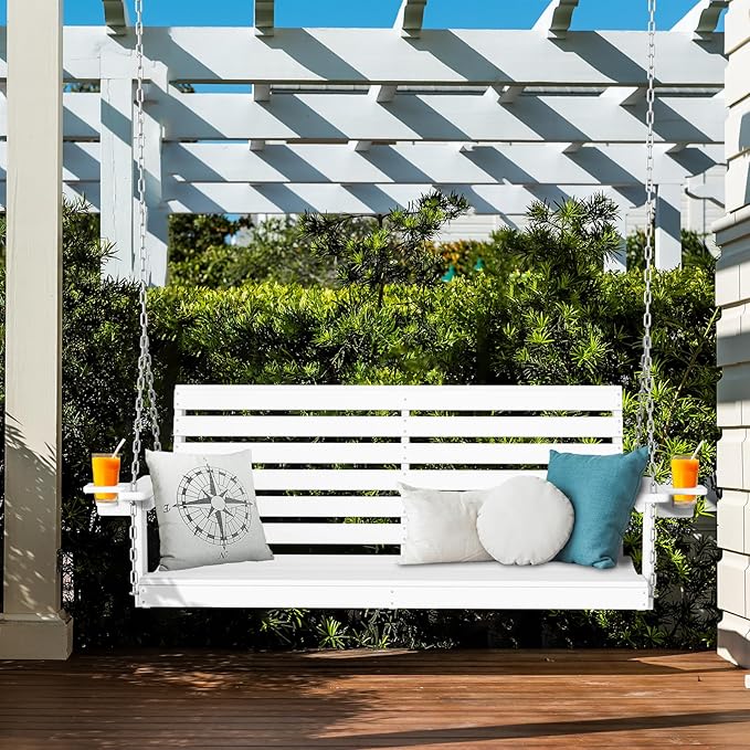 Plawdlik Porch Swings,2 Seat Patio Chair with Two Cup Holders,HDPE Waterproof Bench for Courtyard-White