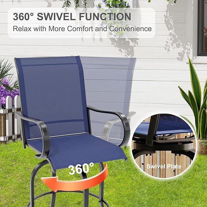GarveeLife 4 Piece Outdoor Swivel Bar Chairs, Patio High Swivel Bar Stools, All Weather High Back and Armrest Patio Chairs, Outdoor Rotating BarChair Counter Height for Deck Lawn Garden Backyard
