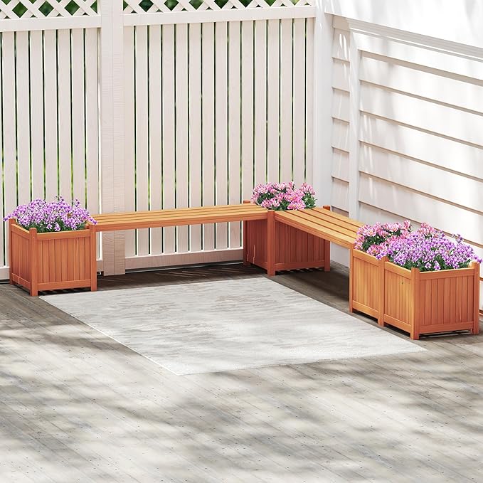 Giantex 4-in-1 Outdoor Bench with 4 Planter Boxes, Wood with Teak Oil Finish, Garden Bench Seat with Raised Garden Beds for Porch Balcony Lawn Yard, DIY Assembly, Orange