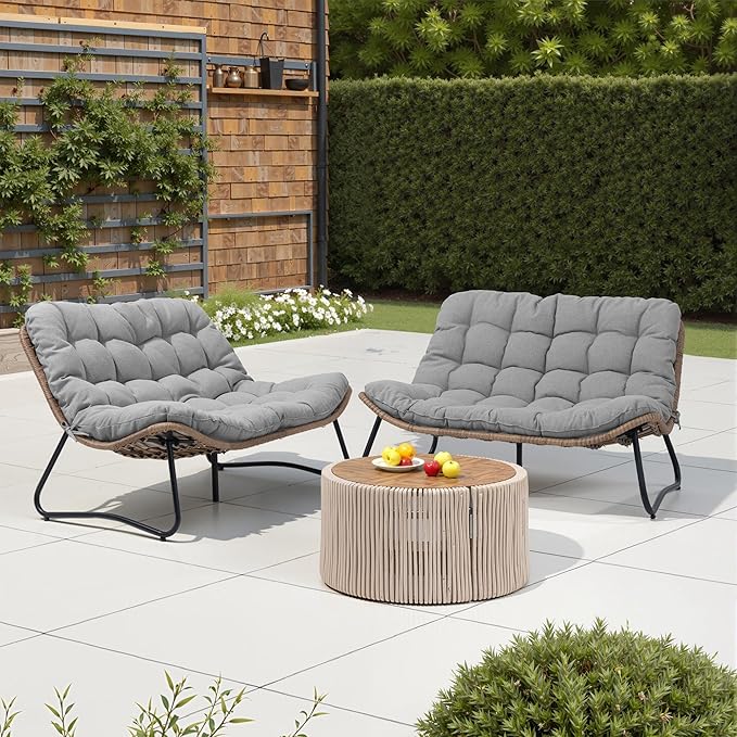 Crestlive Products Outdoor Loveseat 2PCS, Patio Conversation Set, All-Weather Boho Rattan Patio Furniture with Soft Cushion for Balcony, Poolside, Backyard (Without Table)