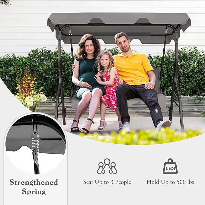 Porch Swing Outdoor, 3 Person Patio Swing w/Removable Cushion, Stand & Adjustable Canopy, Heavy Duty Swing Chair for Patio, Garden, Courtyard, Poolside