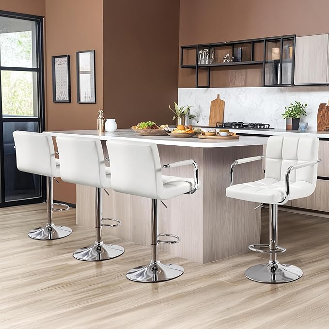 Yaheetech Bar Stools, PU Leather Adjustable Swivel Barstools, Hydraulic Kitchen Counter Height Bar Chairs with Armrest and Back for Bar, Kitchen, Dining Room, White