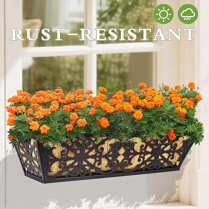2 Pack 24 Inch Window Boxes Planters Railing Planter Box with Adjustable Brackets & Coco Liners Fabric Plant Grow Bags Deck Railing Planter Boxes Balcony Hanging Flower Box for Outdoor Plants
