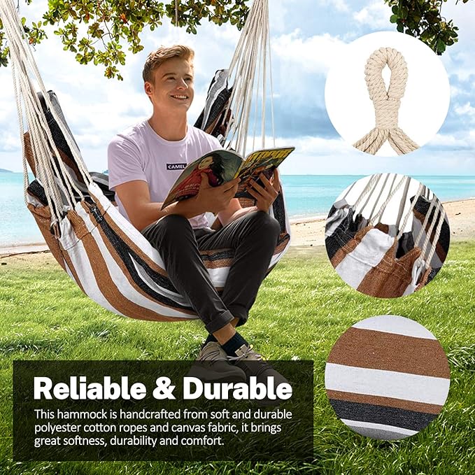 KPX Ourdoor Hanging Hammock Chair – Comfortable Tree Swing Chair Large Size 110X130cm（Without Pillows） - 330 Lbs Weight Capacity (Brown)