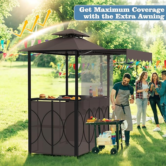 Outdoor Grill Gazebo with Patio Bar Set, Double-Tier BBQ Shelter with Side Awning, Complete Set Includes 2 Foldable Stools, U-Shaped Storage, Glass Holders & Hooks for Yard, Poolside, Garden