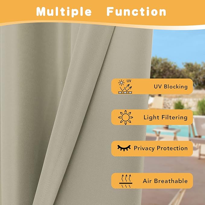 HolidayIdeas Extra Wide Outdoor Curtains for Patio Waterproof, 2 Panels - 110 x 84 Inch - Privacy & Light Filtering Curtains Grommet Outside Curtains for Porch, Gazebo, Pergola, Backyard (Taupe)