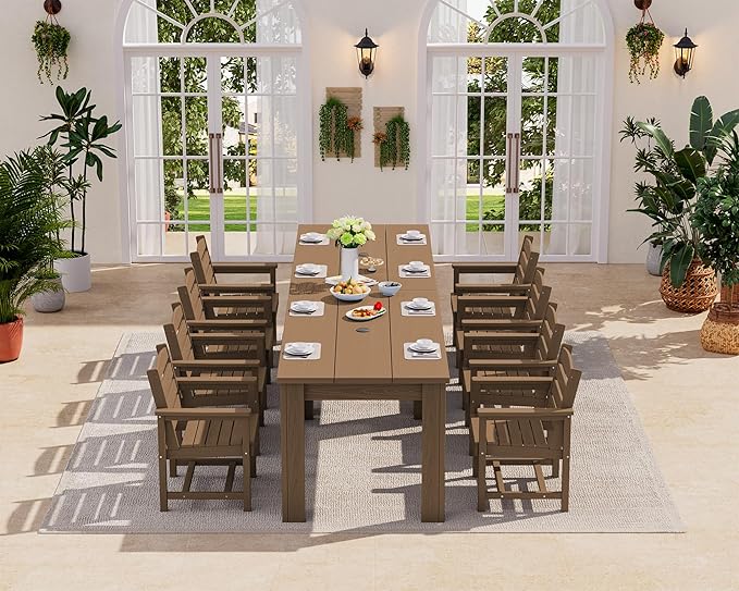 SERWALL Patio Dining Sets for 8, Outdoor Dining Sets for 8 Person with 2 Umbrella Hole Cut-Out Rectangular Tables and 8 Chairs, HDPE Dining Sets for Garden, Backyard, Poolside, Brown