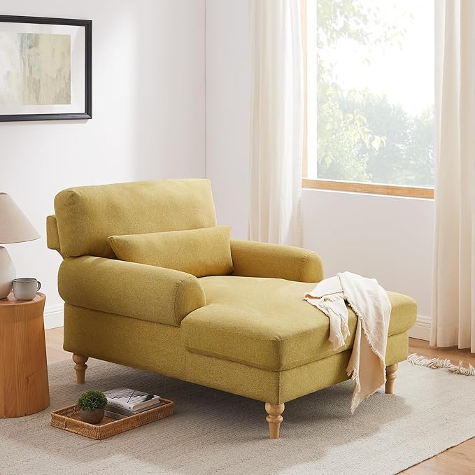 Modern Chaise Lounge Chair with Adjustable Backrest, Upholstered Indoor Leisure Sofa Recliner, Oversized Accent Chair Deep Seat Reading Armchair for Living Room, Bedroom, Office, Yellow