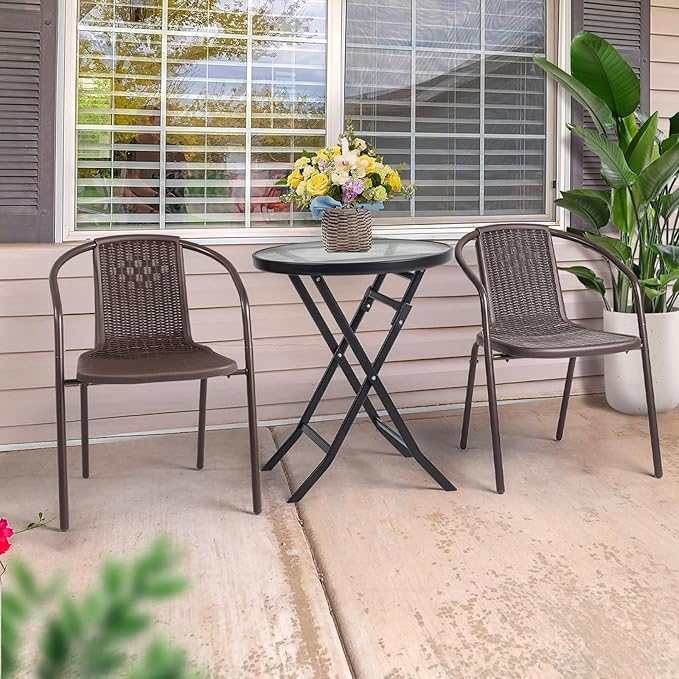 VINGLI PE Rattan Outdoor Dining Chairs Set of 4, Plastic Stackable Patio Chairs for Indoor, Porch, Restaurant, Garden, Brown