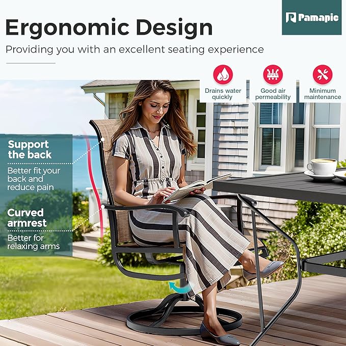 7-Piece Outdoor Dining Set, Patio Furniture Set with Textilene Swivel Chairs,Outdoor Table & 6 Chairs for Garden, Backyard, Poolside, Deck, Beige